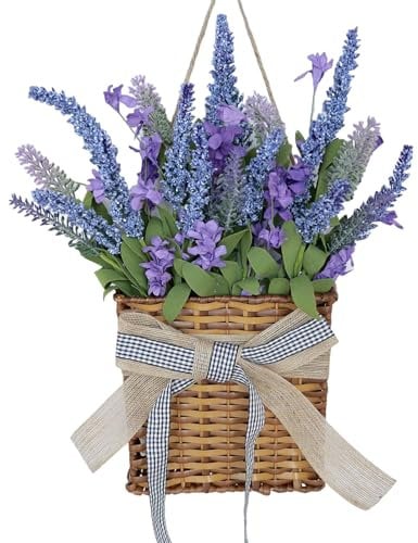 Whemyreat Spring Wreath with Lavender, Artificial Door Wreath Flower Basket for Front Door, Hanging Basket, Front Door Decoration, Spring and Summer Wreath for Home Decoration, Spring