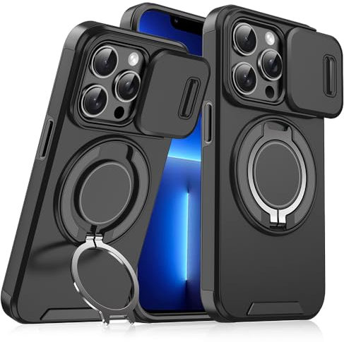 Dqtaoply for iPhone 13 Pro Max case, with Ring Holder sliding camera protector Cover Silicone Absorbs shock Protection Heavy duty Armor Magnetic phone case for iPhone 13 Pro Max Black