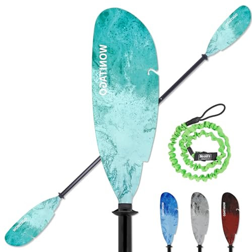 XUXIAKE Angeln Kajak Paddel Aluminium Doppelpaddel mit Kunststoff Klinge und Paddel Seil, Schwimmende Verstellbare Fishing Kayak Paddels, 230-250cm, Blaugrün
