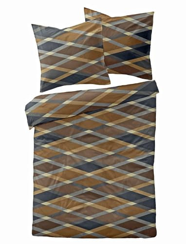 Dormisette Fein Biber Kuschel Bettwäsche 135x200cm 2 TLG. Rauten Linien Braun Grau Reißverschluss