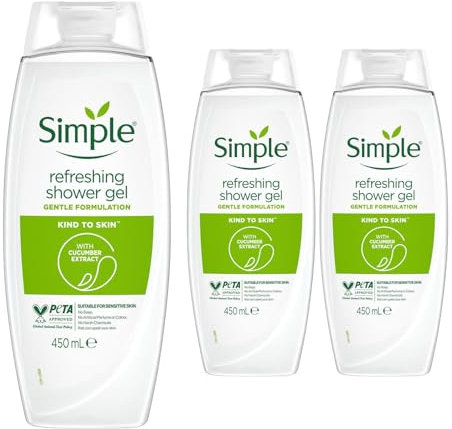 Simple Kind to Skin Refreshing Shower Gel, Pack of 3, Body Wash with Cucumber Extracts and Pro-Vitamin B5 Dermatologically Tested for Sensitive Skin, 450 ml