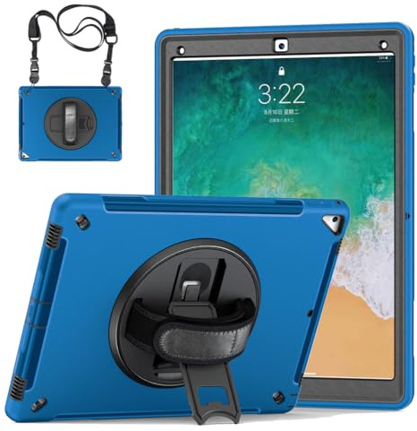GUPENAA Étui pour iPad Pro 12,9 Pouces 2e Génération 2017 et 1re Génération 2015, Support Pivotant 360°, Housse Protection Robuste TPU avec Porte-Stylet + Poignée + Bandoulière,Bleu