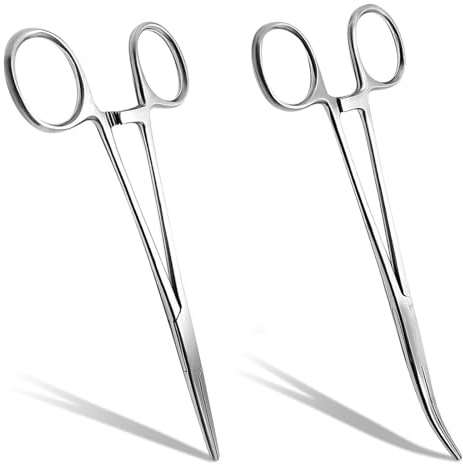 Funalix 2 Stück Edelstahl Piercingzange Set, Gerade und Gebogene Hakenlöser Zange Arterienklemme mit Sägezahndesign für Angeln, Tierhaare, Piercing & Medizin(12.5cm)