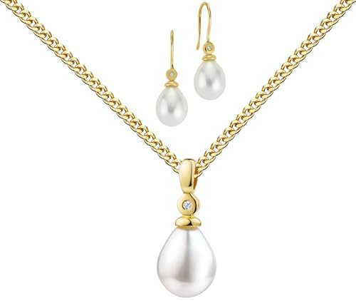 JEVELION Schmuckset Perlen 2x Ohrhänger + Goldanhänger 585 Gold mit Brillanten für Damen. Perlen-Schmuckset mit Kette oder ohne Kette wählbar + Zertifikat