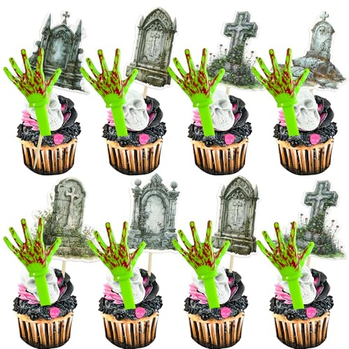Gyufise Juego de 24 decoraciones para tartas de Halloween con manos de zombi, diseño de manos de esqueleto, decoración para cupcakes, lápidas, cementerio, cupcakes, decoración de cumpleaños de zombi