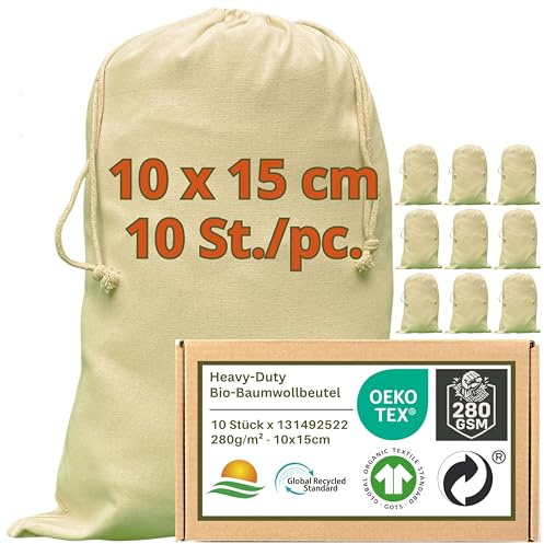 WIESEN.design Baumwollsäckchen - 280 g/m² OEKO-TEX® zertifizierte Heavy-Duty Baumwolle für langlebige, professionelle Anwendungen, 10x15 cm - 10 St. Säckchen, Säckchen zum befüllen, Stoffbeutel klein