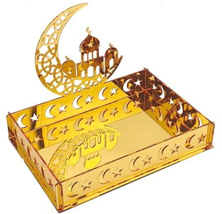 Acrylic Eid Mubarak Dessert Trays 1Pcs, Eid mubarak Moon Star Plate, Ramadan Dessert Tray, ramadan mubarak tray for Party Serving Tray, ramadan Decorations for Table (C) (A)