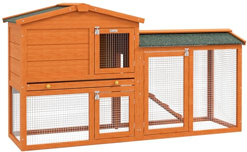 PawHut Conejera de Madera de 2 Niveles con Escalera 150x45x85 cm Natural