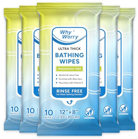 WhyWorry Body Wipes for Adults No Shower, Unscented, 20x30 cm, 50 Count | Ultra Thick Shower Wipes, Bed Bath Wipes, Extra Large, Aloe & Vitamin E, Cleansing, Camping & Travel, Women, Men & Elderly