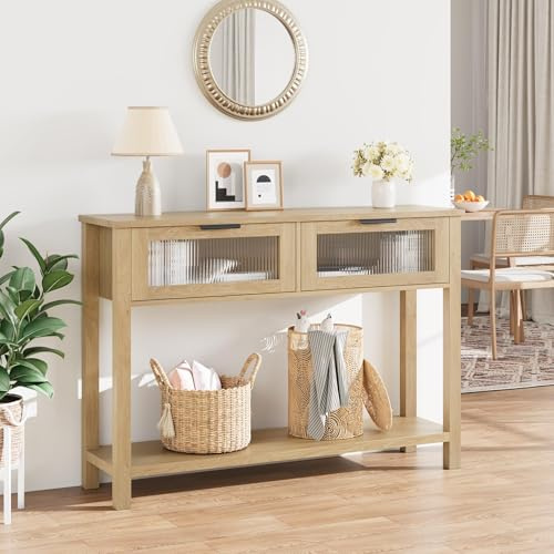 GarveeLife Meuble d'Entrée, Console avec Tiroirs en Verre,Table Console en Bois avec Rangement pour Salon, Couloir 110 x 30 x 80 cm