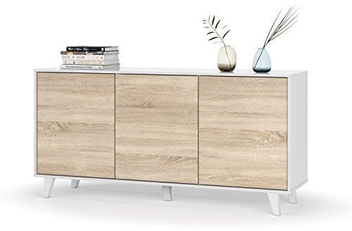 Habitdesign Aparador, Buffet, Salón Comedor 3 Puertas, Modelo Zaiken Plus, Color Blanco Brillo y Roble Canadian, Medidas: 154 cm (Ancho) x 75 cm (Alto) x 41 cm (Fondo)