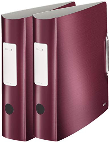 Leitz Qualitäts-Ordner 180° Active Style in gebürsteter Alu-Optik, A4, runder Rücken, 8,2 cm Breite, Gummibandverschluss (2er Pack, Granat-Rot)