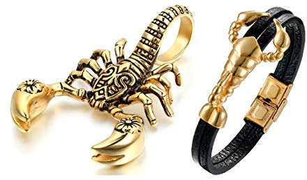 Aroncent 2PCS Herren Skorpion Schmuck-Set (Halskette + Armband), Edelstahl Scorpion Biker Anhänger mit 55cm Kette und Leder Armband, Gold Schwarz