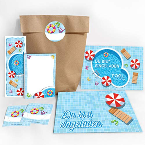 JuNa-Experten 10 Einladungskarten zum Kindergeburtstag Schwimmbad Party/Pool Party/schöne und bunte Einladungen incl. 10 Umschläge, 10 Party-Tüten/natur, 10 Aufkleber, 10 Lesezeichen, 10 Notizblöcke