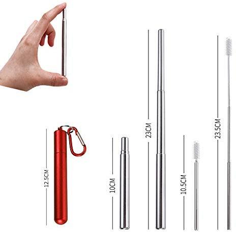 APIKA Pailles télescopiques réutilisables - Pailles à Boire Portables en Acier Inoxydable avec Brosse de Nettoyage, étui et Mousqueton(Rouge)
