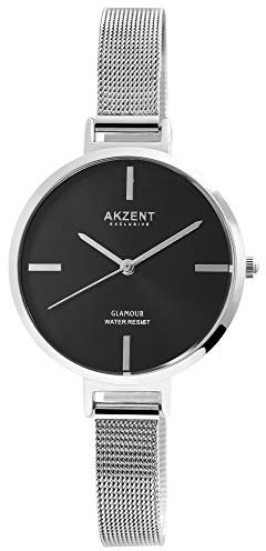 Akzent Exclusive Damen - Uhr Edelstahl Milanaise Armband Analog Quarz 1300024 (Silberfarbig/Black)