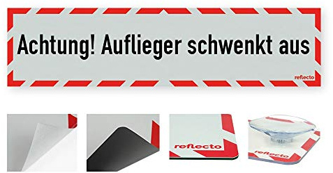 reflecto Hinweisschild „Achtung! Auflieger schwenkt aus“ in rot-weiß und reflektierend (RA1/A) - verschiedene Ausführungen – 800 x 200 mm (auf Aluminiumverbund)