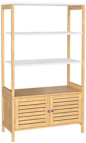 SONGMICS Meuble de Salle de Bain, Armoire de Rangement Haute, avec 3 étagères et 1 Placard à 2 Portes, en Bambou, 70 x 30 x 120 cm, Couleur Boisée et Blanc BCB010N01