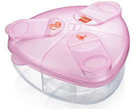 MAM Milchpulverspender, Milchpulver Box zum einfachen Befüllen von Babyflaschen, Milchpulverportionierer fasst bis zu 3 Portionen, 0+ Monate, Tiger/Vogel, rosa/tiger