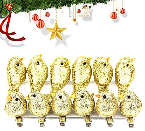 Romote Artificial Glitter Bird Ornament Clip on Christmas Tree Decorations Christmas Bird Ornaments Home Decor Gold Christmas Decorations Indoor 12pcs