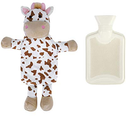 Warm Hot Water Bottle with Plush Soft Cover Animal Hand Warmer Premium Natural Rubber 1 Litre Detachable Cow Hot Water Bag-Helps Provide Warmth and Comfort,Great Gift Ideal for Kid & Adult