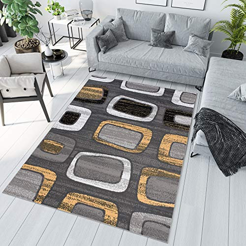 TAPISO Maya Kollektion Teppich Kurzflor Modern Grau Weiß Dunkelgrau Schwarz Gelb Meliert Figuren Design Wohnzimmer Schlafzimmer Jugendzimmer ÖKOTEX 120 x 170 cm