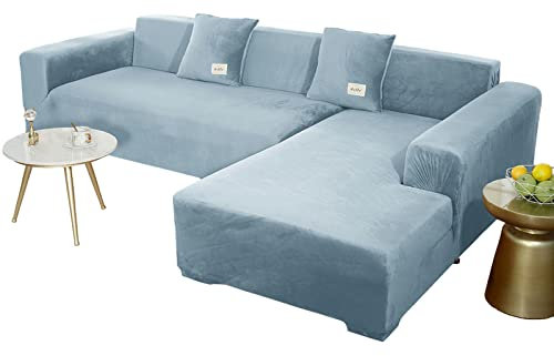 JHLD Sofabezug L Form, Stretch Sofabezug Samt L-förmiger Sofabezug Weiche Anti-rutsch Sofa Überwürfe Für Ecksofa-Hellblau-3 Sitzer+4 Sitzer
