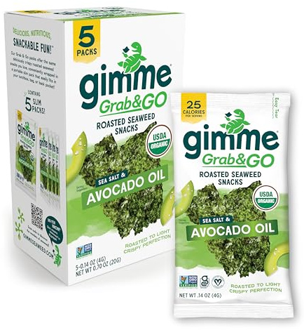 Gimme Seaweed Grab & Go Organic Premium Roasted Seaweed Snacks, Sea Salt & Avocado Oil, 5 Count Trayless, Keto, Vegan, Gluten-Free, Source of Omega3s, Healthy On-The-Go Snack for Kids & Adults