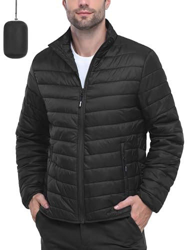 Outdoor Ventures Men's Packable Puffer Jacket Insulated Lightweight Puffy Coat Warm Portable Padded Water Resistant Jacket for Hiking Travelling Camping Black L