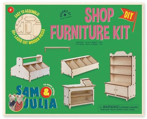 Sam & Julia - Bausatz Kaufladen – Puppen-Möbel 1/12 fürs Puppenhaus oder für die Puppenstube zum selber basteln – Bastel-Set enthält: Mini-Theke, Kasse, 2 Produktdisplays, Buffet-Schrank