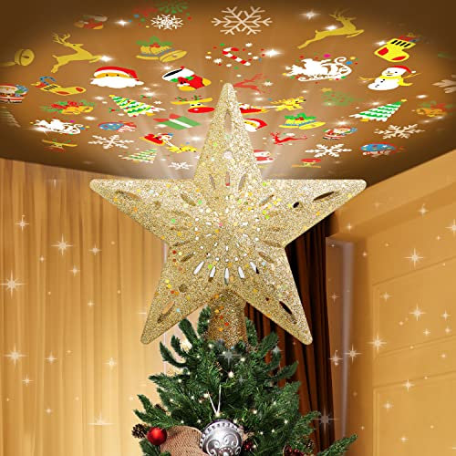 Puntale per albero di Natale illuminato con 6 diapositive di proiezione, puntale per albero di Natale a forma di stella, rotante a LED, illuminato in 3D, dorato, glitterato, puntale per albero di