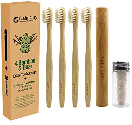 Gaia Guy Lot de 4 Brosses à Dents en Bambou avec Poils en Sanglier + Étui & Fil Dentaire | 100 % Compostables | Kit Dentaire Écolo | Brosses Biodégradables & Compostables