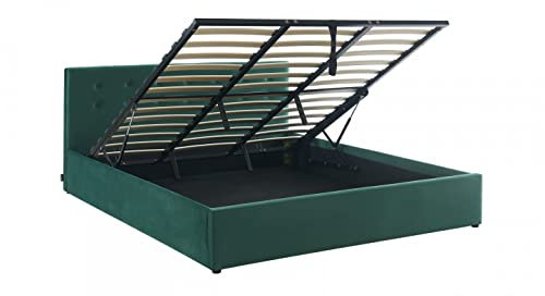 HOMIFAB Lit Coffre 180x200 en Velours Vert avec tête de lit et sommier à Lattes - Tina