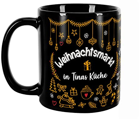 Herz & Heim® Personalisierte Kaffeetasse Weihnachtsmarkt/schwarz/mit eigenem Wunschtext