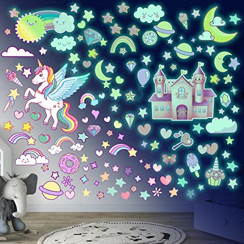 Leuchtsterne Selbstklebend Einhorn Wandtattoo Kinderzimmer Mädchen Leuchtsticker Einhorn Leuchtsterne Wandsticker Sternenhimmel Leuchtaufkleber Aufkleber Babyzimmer Deko für Mädchen Geschenke Grün