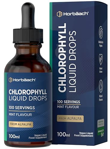 Liquid Chlorophyll Drops for Water Extracted from Alfalfa | 100ml - 3+ Months Supply | 100 Servings | Mint Flavour | Vegan Liquid Food Supplement | by Horbaach