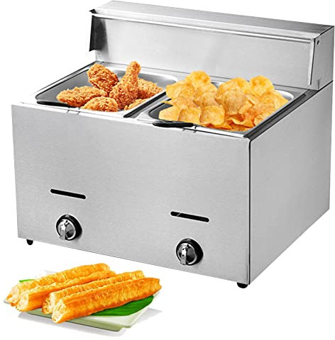 Friggitrice a Doppia a Gas Vasca in Acciaio Inossidabile con 2 Cestelli, Friggitrice a GPL in Acciaio Inossidabile per la Casa e Commerciale, Potenza di Fuoco Regolabile