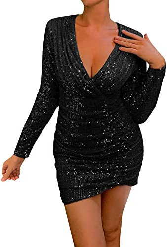 callmo Glitzerkleid Damen Partykleid Damen Bleistiftkleider Pailletten Weihnachtskleider Cocktailparty Midikleid Chiffonkleid Asymmetrisch Slim-Fit V-Ausschnitt Einfarbig Damenkleid Rockabilly-Kleid