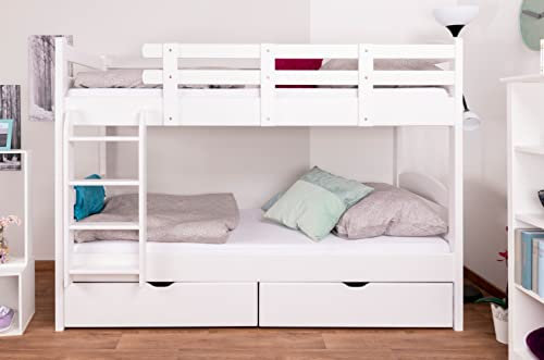 Etagenbett für Erwachsene Easy Premium Line K17 inkl. 2 Schubladen und 2 Abdeckblenden, 90 x 200 cm (B x L) Buche Vollholz massiv weiß lackiert, teilbar