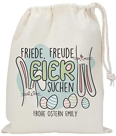 Herz & Heim® Geschenksäckchen zu Ostern mit niedlichen Osterhasen und mit Ihrem Wunschnamen ein tolles Ostergeschenk (Friede, Freude, Eier suchen)