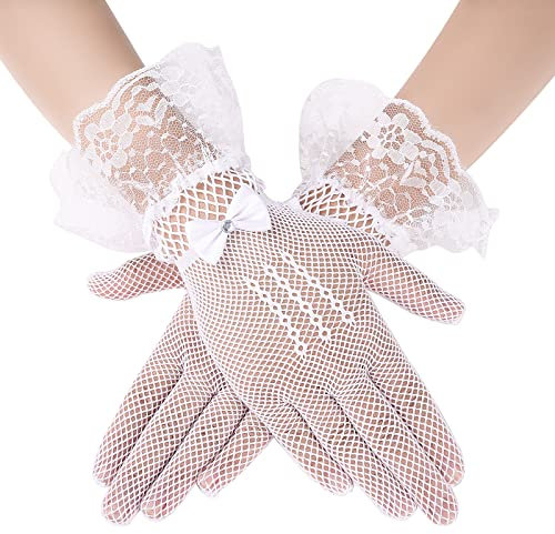 ASTER Netzhandschuhe Weiße Kurze Lace Gloves Damen Fishnet Gloves Spitzenhandschuhe Blumenspitzen Handschuhe Weiße Sonnenschutz Handschuhe Damen Hochzeits Dinner Party 1980er Partykleidung