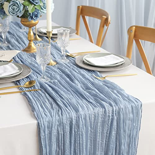 DROMCOM 10 Stück 90 x 300cm Grau Blau Seihtuch-Tischläufer lang Rustikaler Gaze-Tischläufer, Romantischer Halbtransparenter Stoff Tischdecke Tischläufer Boho für Hochzeit Dekoration, Geburtstagsparty
