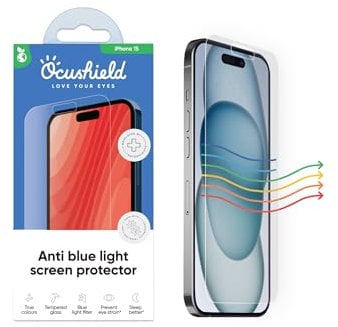 Ocushield Anti Blue Light, Tempered Glass Screen Protector for iPhone (iPhone 15 Regular)