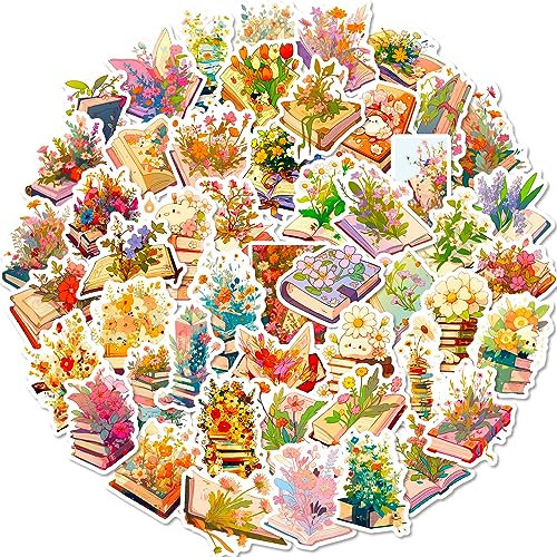 AUCEKO 50 Stück Bücher Blumen Aufkleber Pack Blumen Sticker Set wasserdichte Vinyl Sticker für Laptop Kinder Autos Motorrad Fahrrad Skateboard Gepäck Koffer Computer Aufkleber Graffiti Decal