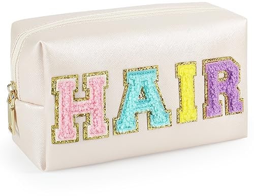 GINOYA Letter Cosmetic Bag, Synthetic Leather Patch Makeup Bag with Hair Chenille Letter for Purse Diaper Bag Travel