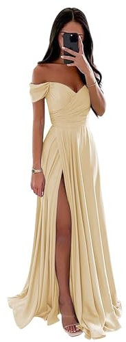 Damen Off Shoulder Satin Brautjungfernkleider Lang Split Elegant Formal Kleid Abendkleider A Linie Hochzeit Party Kleid