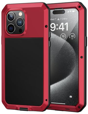 Lanhiem for iPhone 15 Pro Max Case Heavy Duty Shockproof Cover Tough Armour Metal Case with [Tempered Glass Screen Film], 360 Full Body Protective Case Cover for iPhone 15 Pro Max - Red
