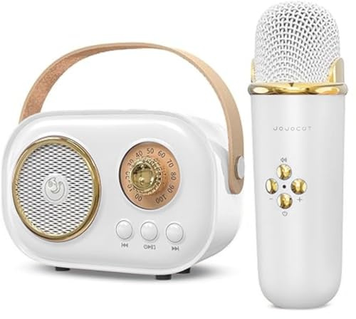 JOJOCUT - Mini Enceinte Portable Bluetooth sans Fil avec Micro Karaoke, Carte SD, Batterie Rechargeable Longue Autonomie, Haut Parleur Microphone, Idéal Fête Cadeau Fille Garçon Enfant Adulte (Blanc)