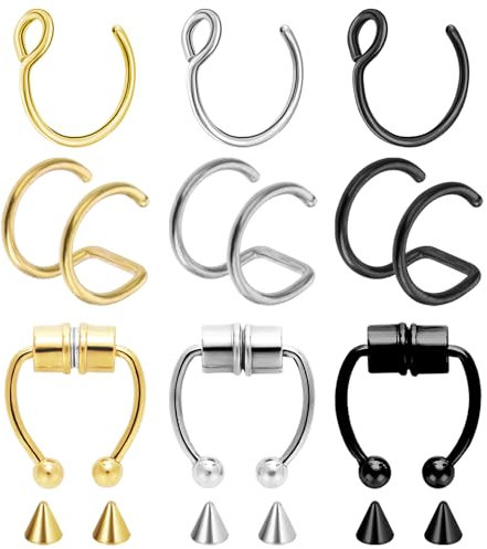 9 Stück Fake Nasenpiercing Magnetischer Fake Nasenring Edelstahl Piercing Nasenring Kein Piercing Septum Nasen Ring Damen Halloween Karneval Schmuck Zubehör