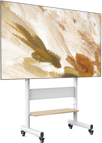 FITUEYES Soporte TV Suelo con Ruedas Blanco para TV de 40 a 85 Pulgadas,MAX VESA 600x400mm,Soporte TV Ruedas Móvil con Estante de Madera y Tablero Perforado,Soporte TV Pie con Altura Ajustable